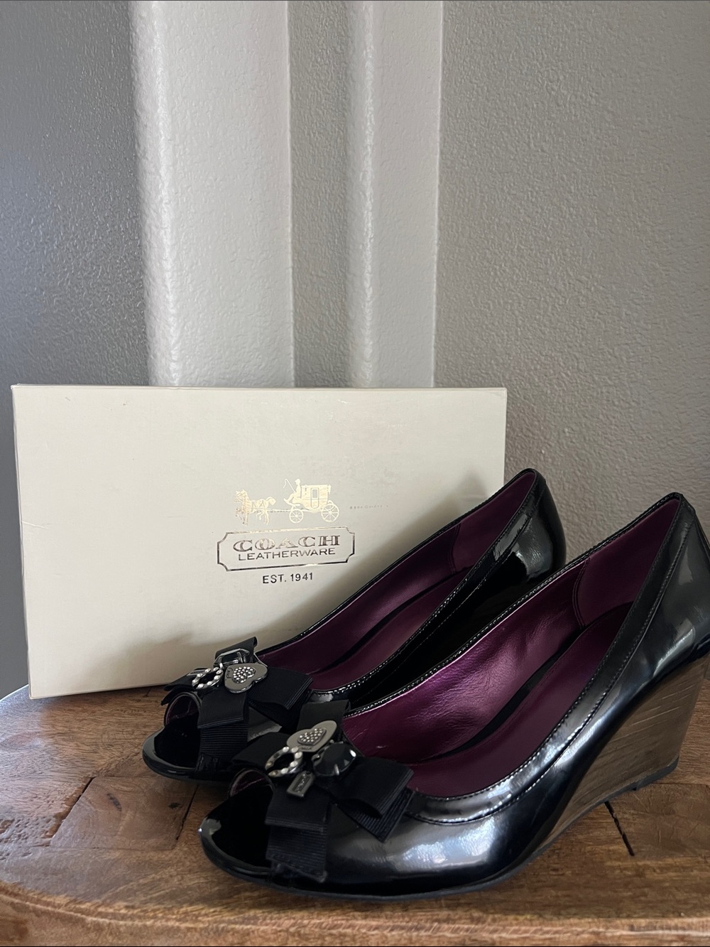 Coach Jaden  Black Patent Leather Peep-Toe Wedges with Bow Detail